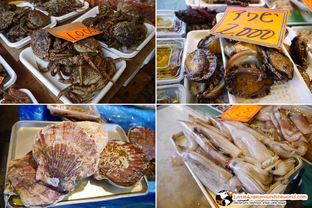 หอย ปู ปลา สดๆ ตัวใหญ่ๆ ที่ตลาด Mutsu-minato Ekimae Asaichi เมือง Hachinohe จังหวัด Aomori