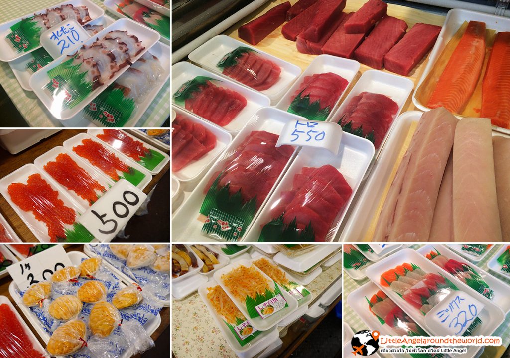 ของสดหลากหลายชนิด วางรอให้ช้อป ที่ตลาด Mutsu-minato Ekimae Asaichi เมือง Hachinohe จังหวัด Aomori