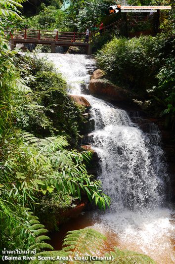 น้ำใสไหลลงมาตามทาง น้ำตกไป๋หม่าซี่ (Baima River Scenic Area)