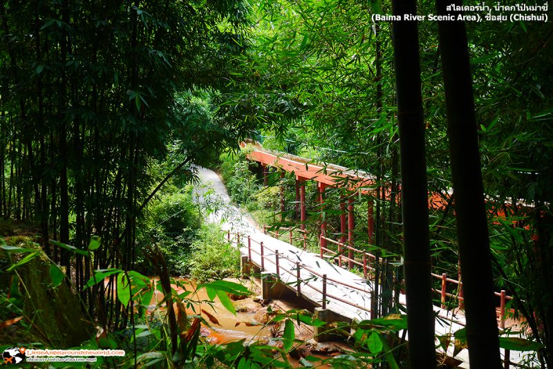 ระหว่างทางไปชม น้ำตกไป๋หม่าซี่ (Baima River Scenic Area) ก็จะเห็นรางใหญ่ๆ คดเคี้ยวตามทางให้เห็นเป็นระยะ