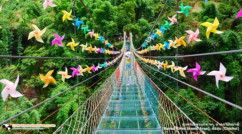 สะพานแขวนกระจก ที่น้ำตกไป๋หม่าซี่ (Baima River Scenic Area)