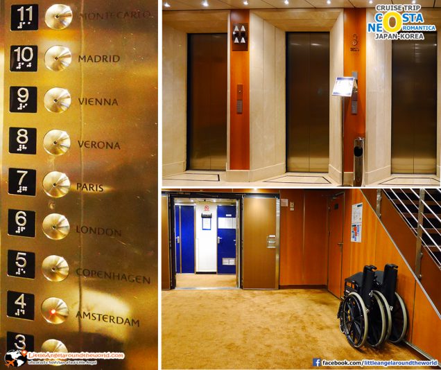 บริเวณลิฟต์ มี Wheel Chair ไว้บริการด้วย : ทริปล่องเรือสำราญ ญี่ปุ่น-เกาหลี Costa neoRomantica