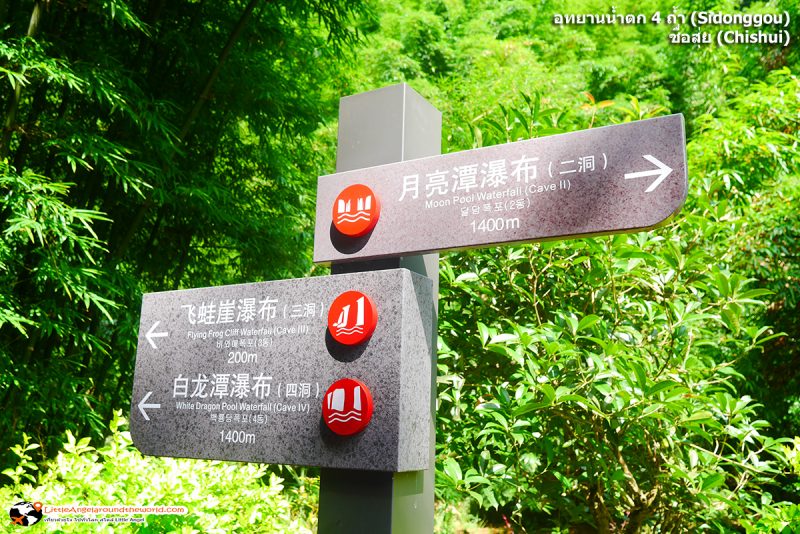 ป้ายบอกระยะทาง จากจุดนี้ เดินเพียง 1400 เมตร ก็จะถึงน้ำตกชั้นที่ 4 คือ น้ำตกมังกรขาว : อุทยานน้ำตก 4 ถ้ำ (Sidonggou) : อุทยานน้ำตกดังของชื่อสุ่ย (Chishui)