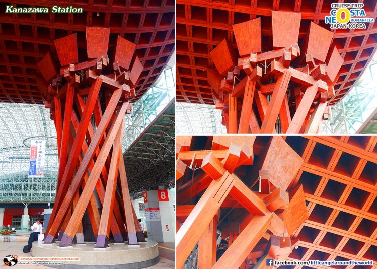 โครงสร้างของประตูไม้ Tsuzumi-mon เป็นสัญลักษณ์ของเครื่องดนตรีพื้นบ้านของญี่ปุ่น เรียกว่า tsuzumi หรือกลองขนาดเล็ก : ทริปล่องเรือสำราญ Costa neoRomantica เที่ยวคานาซาวะ (Kanazawa)